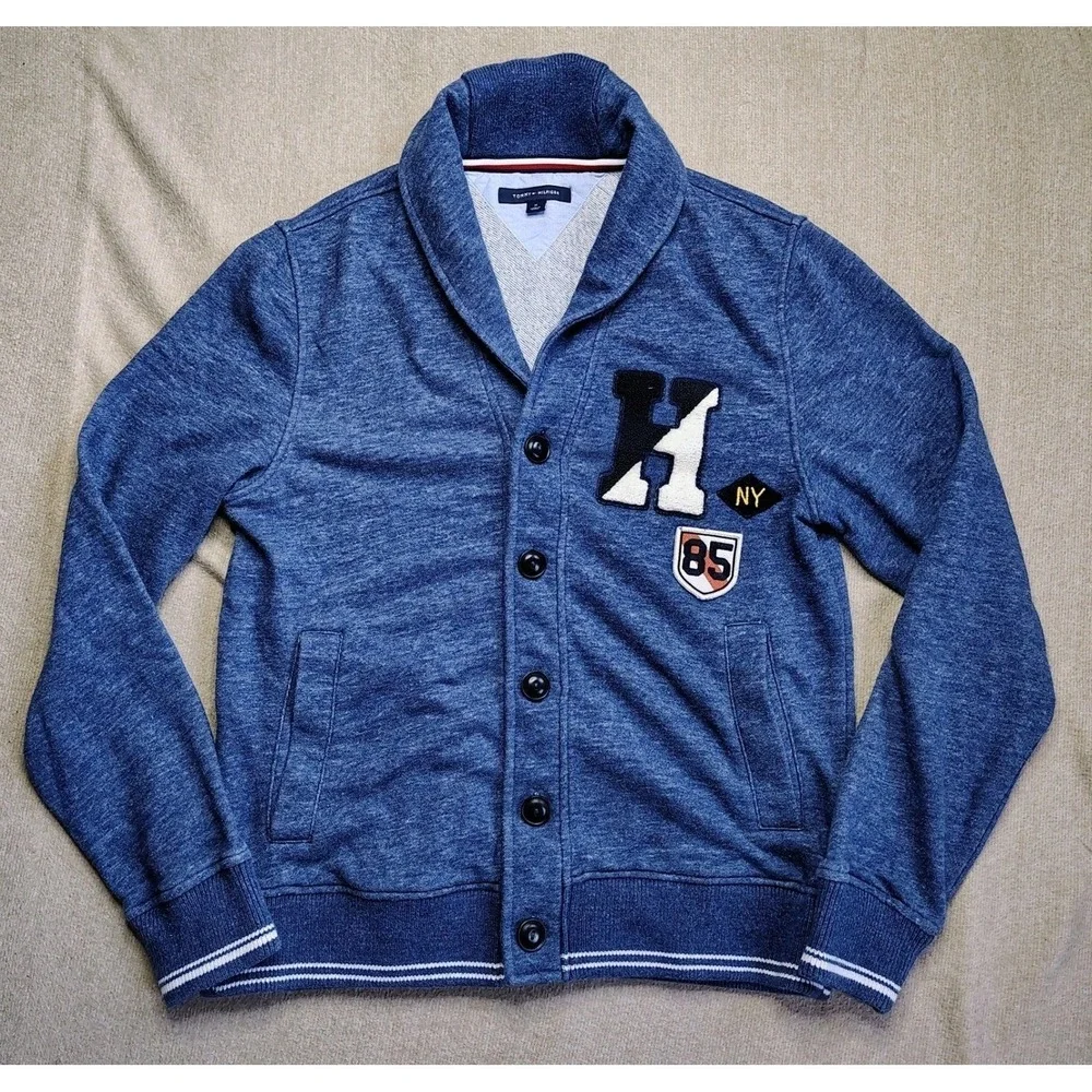Tommy Hilfiger Varsity Cardigan Mens M Blue Shawl Collar Patch Sweater Jacket